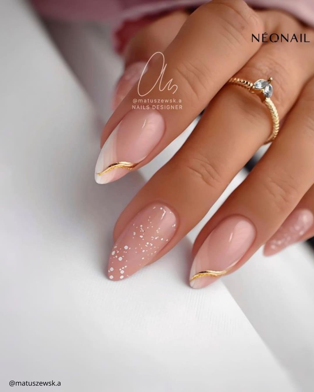 Pink White And Gold Nails