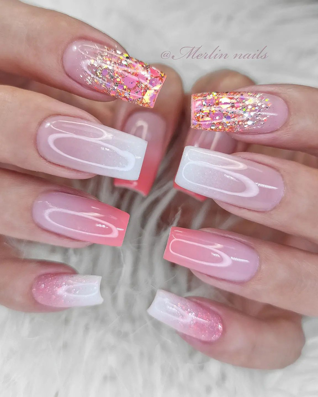 Pink White And Gold Nails